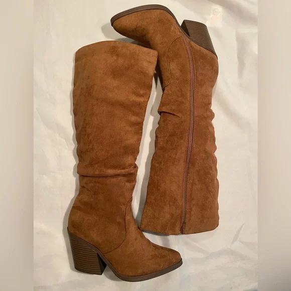 Knee High Faux Suede Chunky Heel Boots - Picture 7 of 9